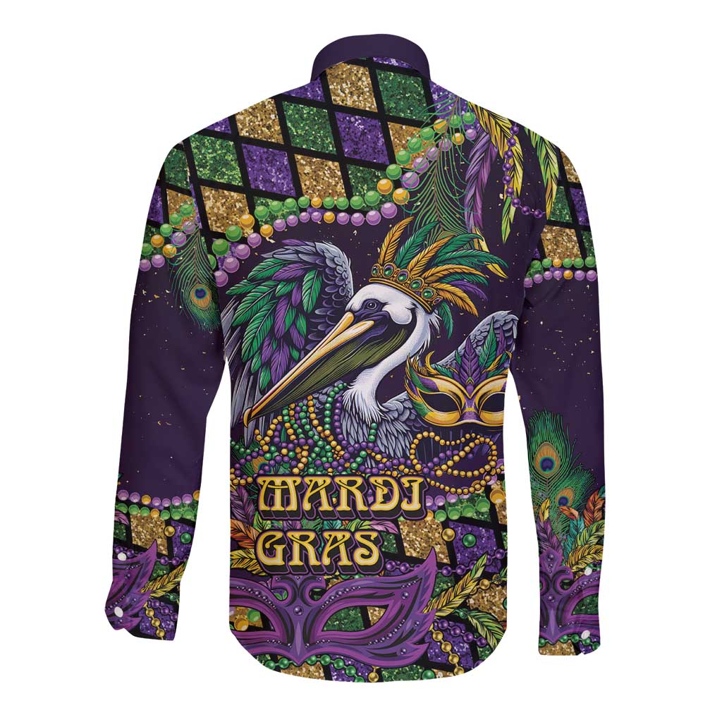 Mardi Gras Pelican Long Sleeve Button Shirt Crowned Feathers Carnival Reign - Wonder Print Shop