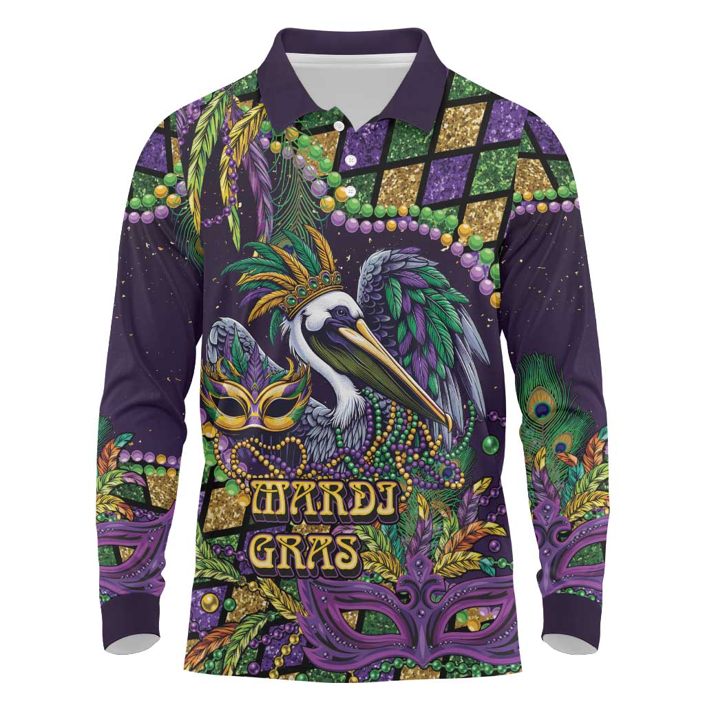 Mardi Gras Pelican Long Sleeve Polo Shirt Crowned Feathers Carnival Reign - Wonder Print Shop