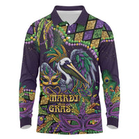 Mardi Gras Pelican Long Sleeve Polo Shirt Crowned Feathers Carnival Reign - Wonder Print Shop