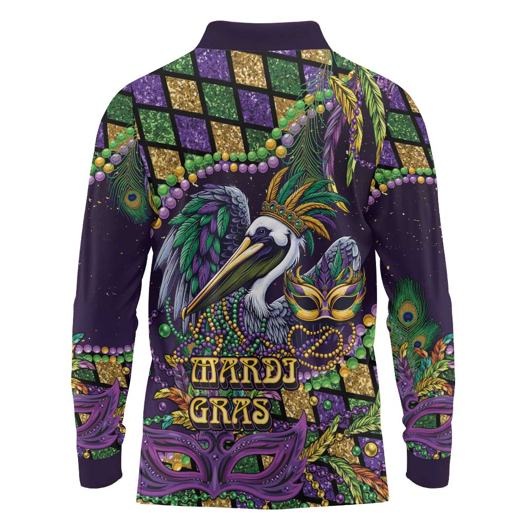 Mardi Gras Pelican Long Sleeve Polo Shirt Crowned Feathers Carnival Reign - Wonder Print Shop
