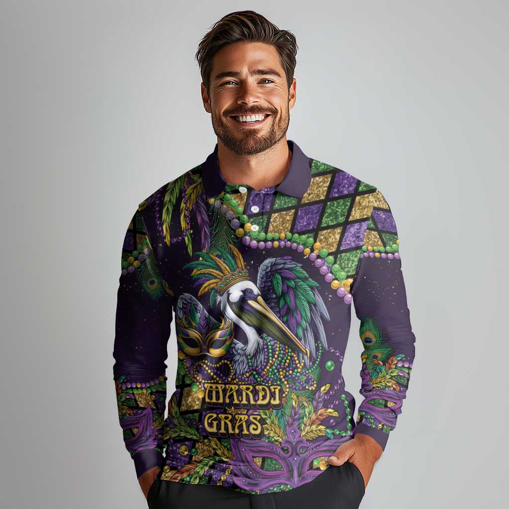 Mardi Gras Pelican Long Sleeve Polo Shirt Crowned Feathers Carnival Reign - Wonder Print Shop