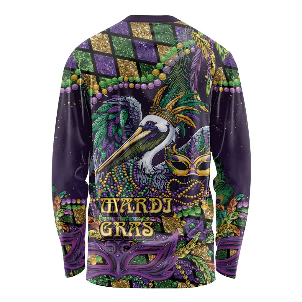 Mardi Gras Pelican Long Sleeve Shirt Crowned Feathers Carnival Reign - Wonder Print Shop