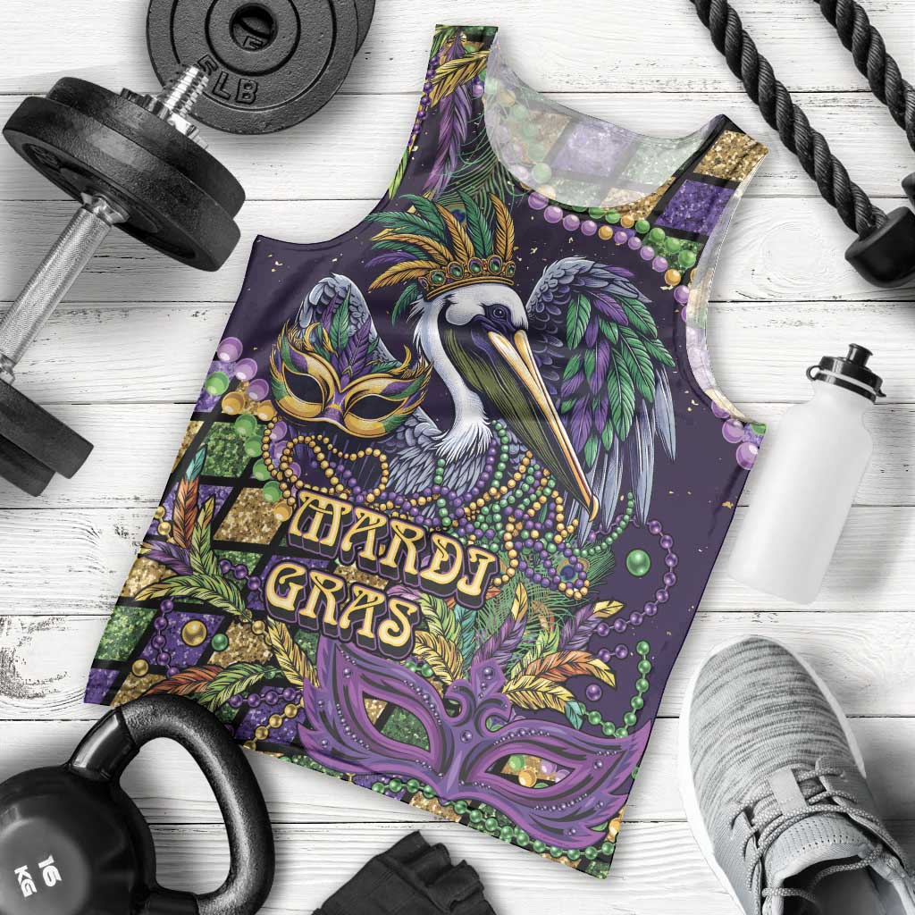 Mardi Gras Pelican Men Tank Top Crowned Feathers Carnival Reign - Wonder Print Shop