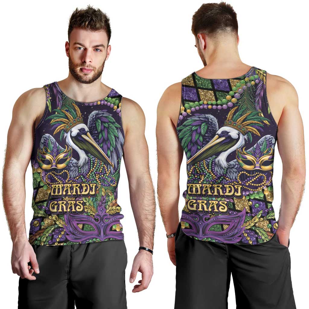 Mardi Gras Pelican Men Tank Top Crowned Feathers Carnival Reign - Wonder Print Shop