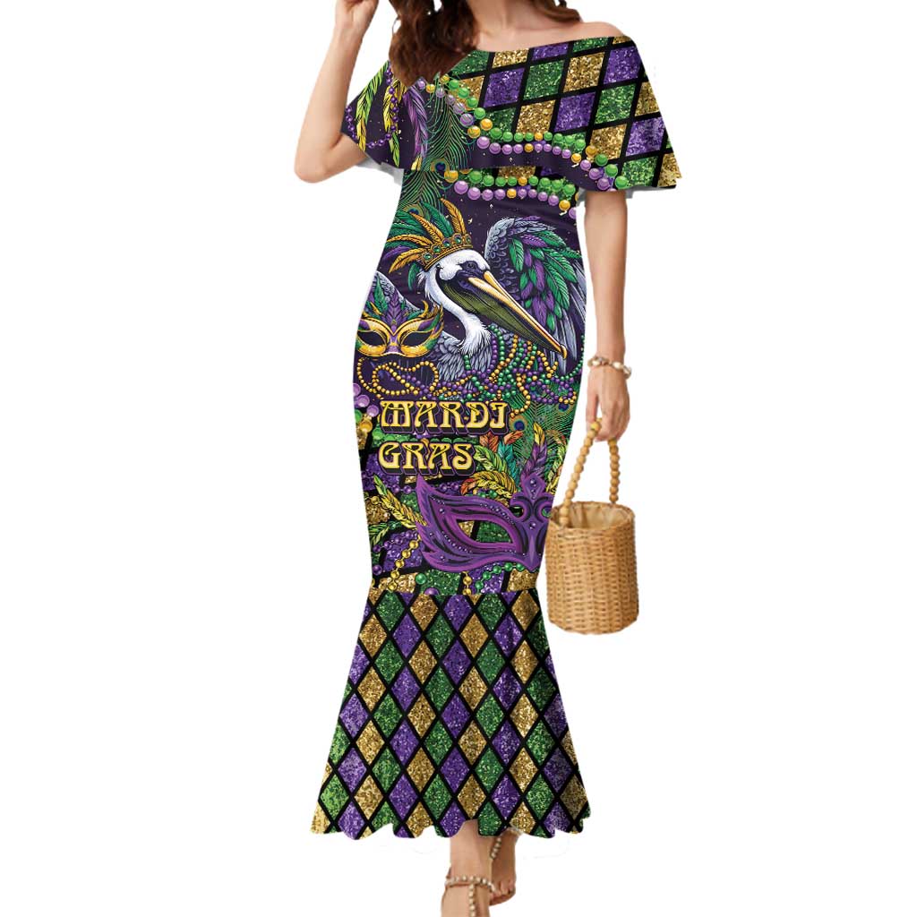 Mardi Gras Pelican Mermaid Dress Crowned Feathers Carnival Reign - Wonder Print Shop