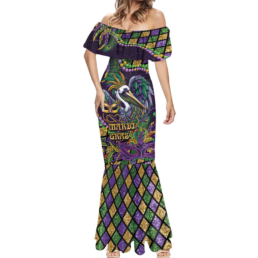 Mardi Gras Pelican Mermaid Dress Crowned Feathers Carnival Reign - Wonder Print Shop