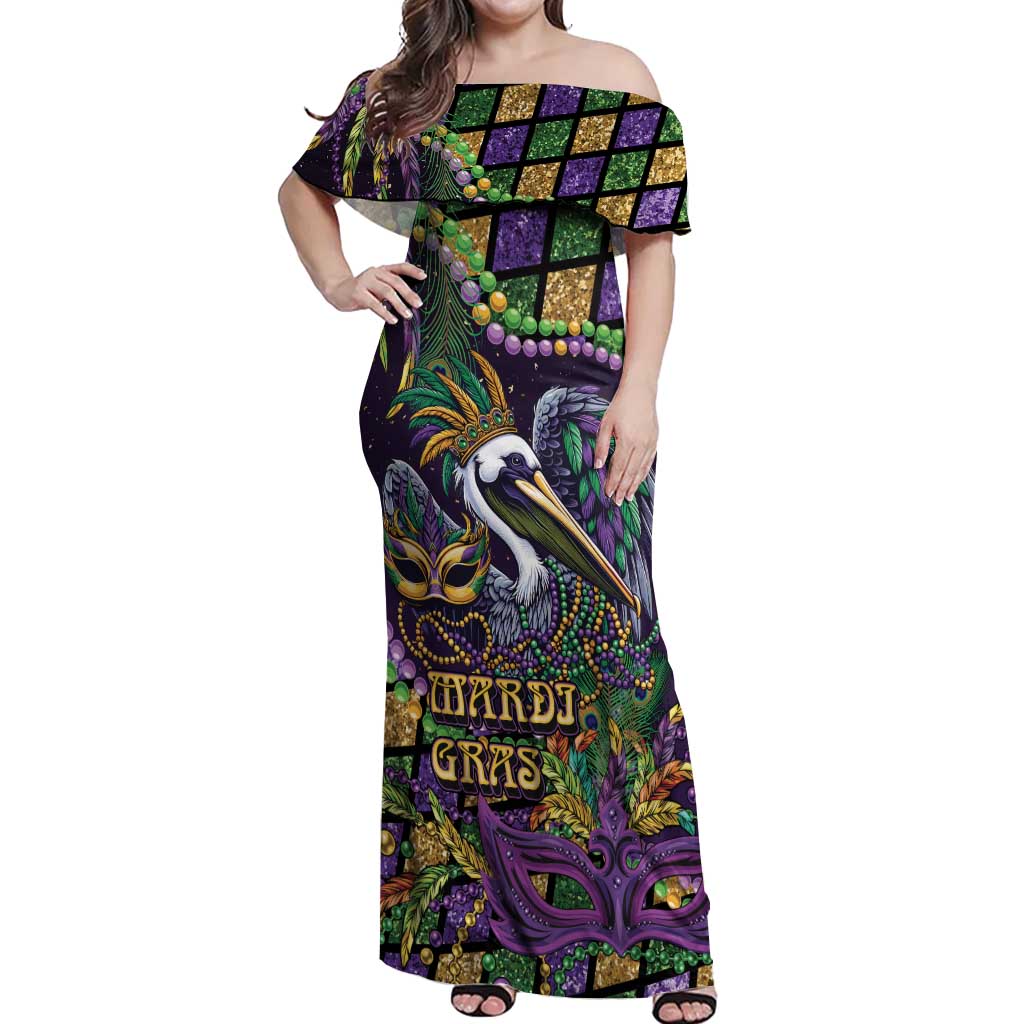 Mardi Gras Pelican Off Shoulder Maxi Dress Crowned Feathers Carnival Reign - Wonder Print Shop