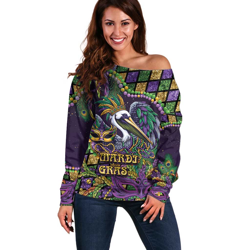 Mardi Gras Pelican Off Shoulder Sweater Crowned Feathers Carnival Reign - Wonder Print Shop