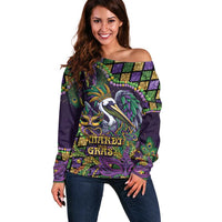 Mardi Gras Pelican Off Shoulder Sweater Crowned Feathers Carnival Reign - Wonder Print Shop