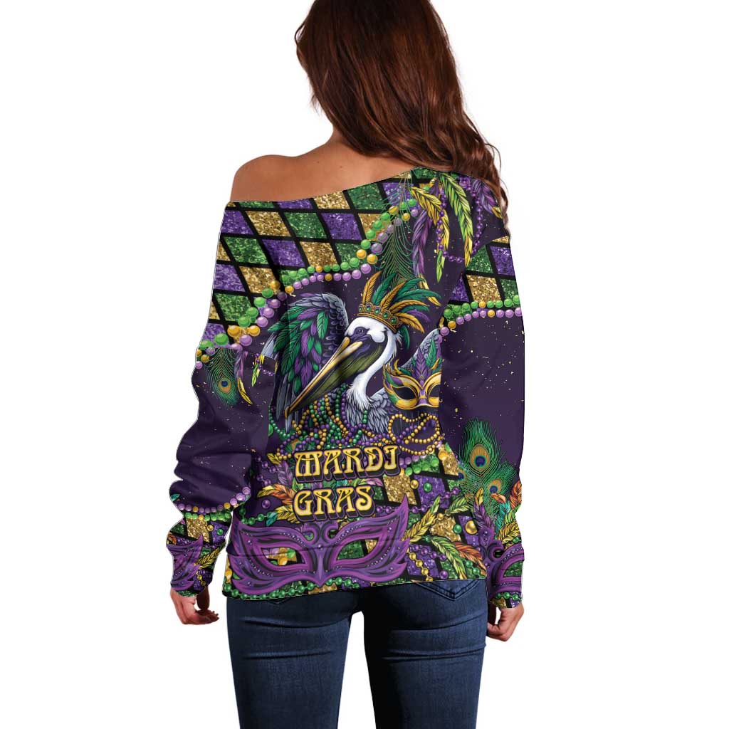 Mardi Gras Pelican Off Shoulder Sweater Crowned Feathers Carnival Reign - Wonder Print Shop