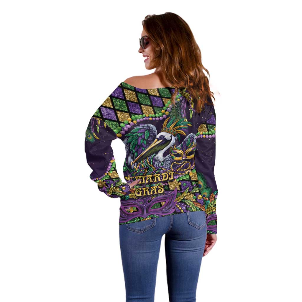 Mardi Gras Pelican Off Shoulder Sweater Crowned Feathers Carnival Reign - Wonder Print Shop