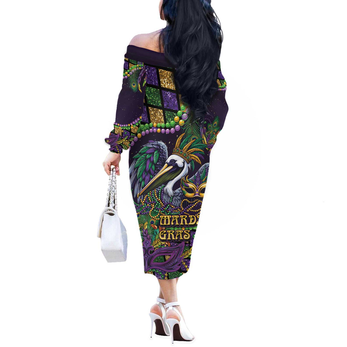 Mardi Gras Pelican Off The Shoulder Long Sleeve Dress Crowned Feathers Carnival Reign - Wonder Print Shop
