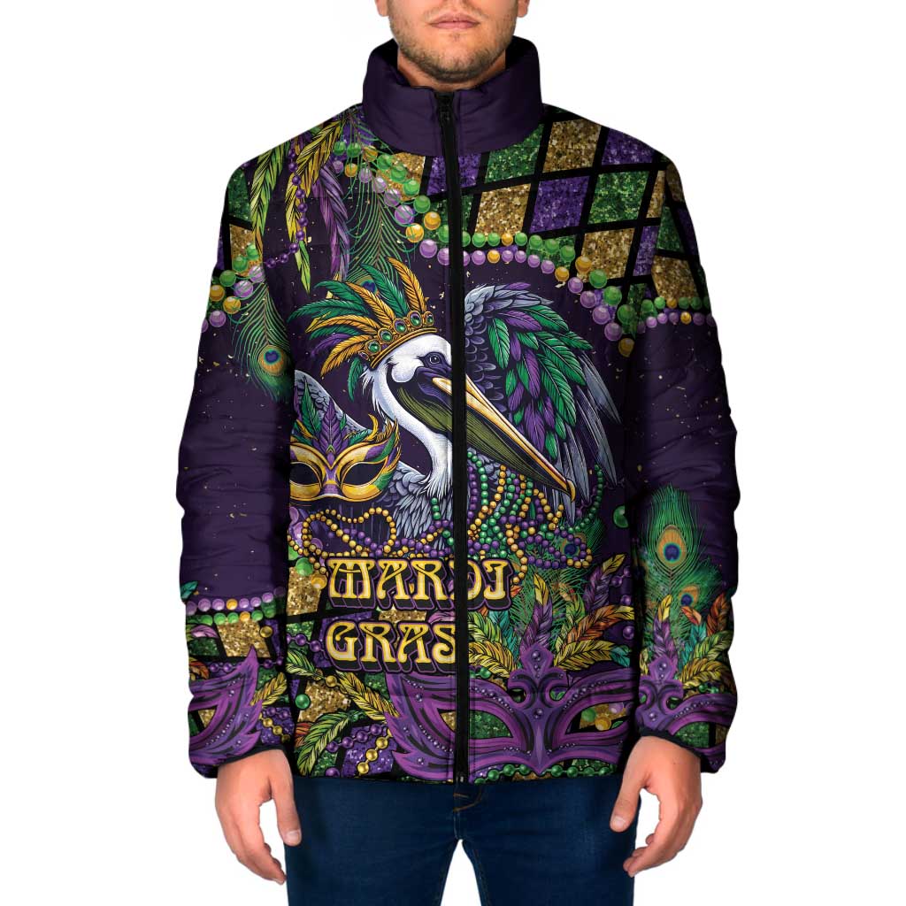 Mardi Gras Pelican Padded Jacket Crowned Feathers Carnival Reign - Wonder Print Shop