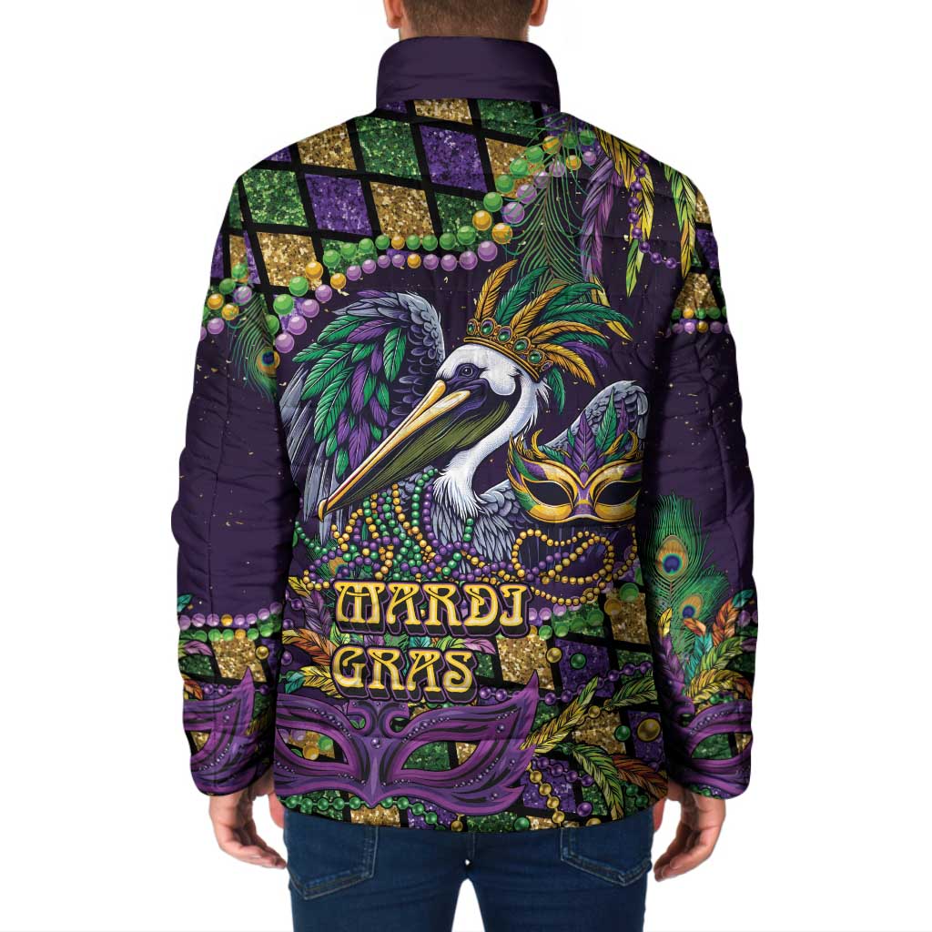 Mardi Gras Pelican Padded Jacket Crowned Feathers Carnival Reign - Wonder Print Shop
