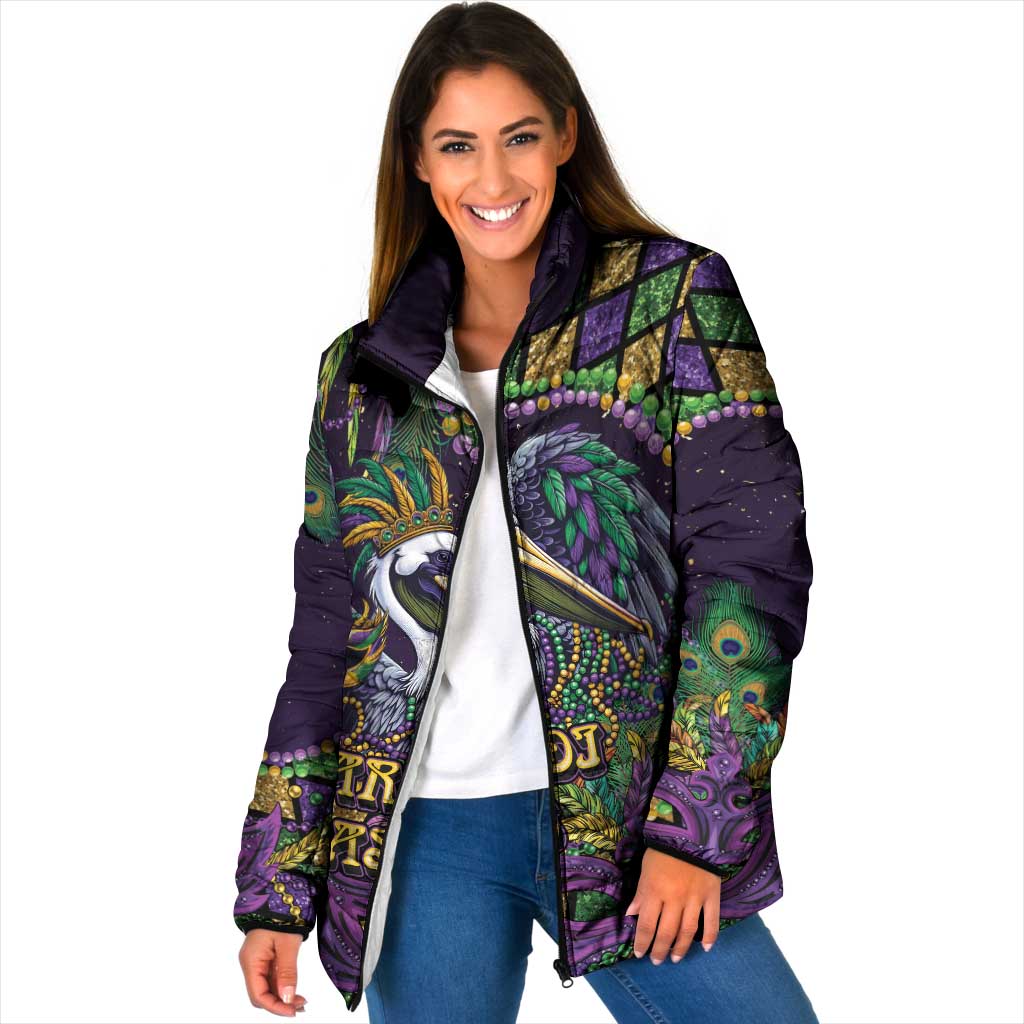 Mardi Gras Pelican Padded Jacket Crowned Feathers Carnival Reign - Wonder Print Shop