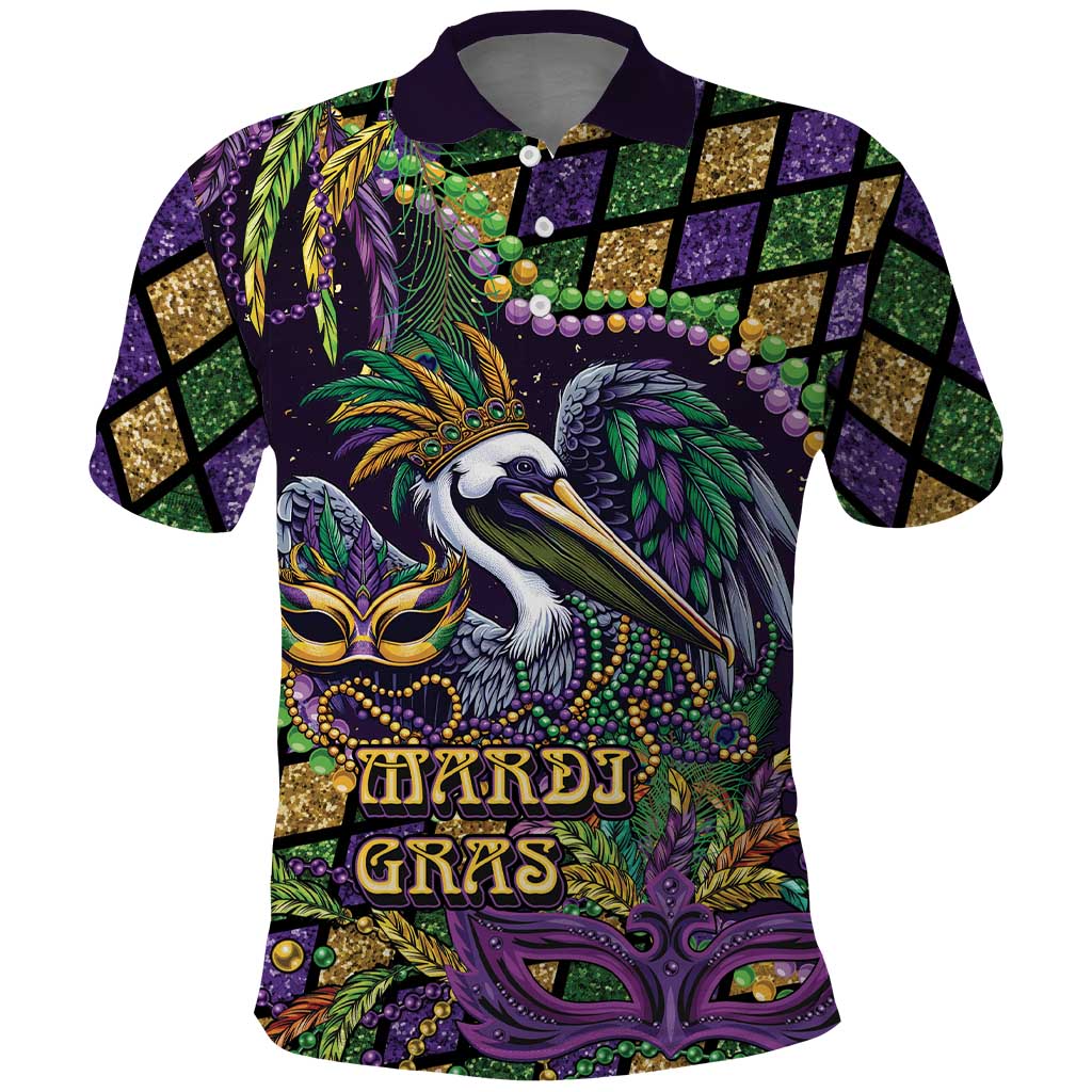 Mardi Gras Pelican Polo Shirt Crowned Feathers Carnival Reign - Wonder Print Shop