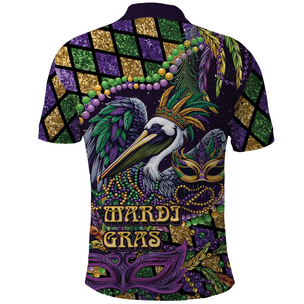 Mardi Gras Pelican Polo Shirt Crowned Feathers Carnival Reign - Wonder Print Shop