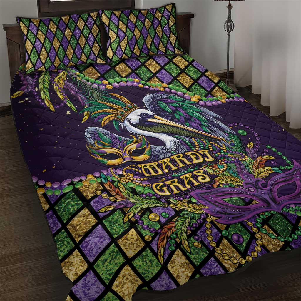 Mardi Gras Pelican Quilt Bed Set Crowned Feathers Carnival Reign - Wonder Print Shop