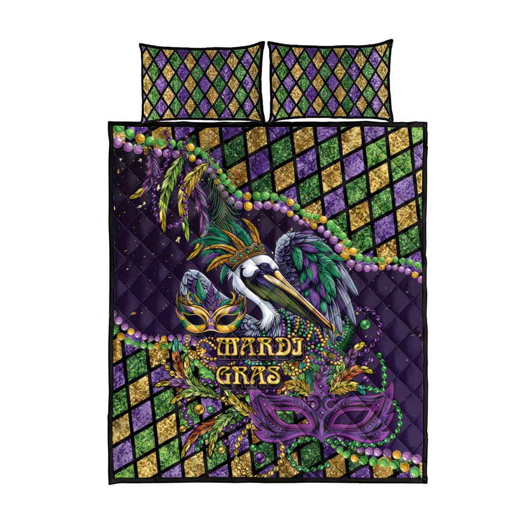 Mardi Gras Pelican Quilt Bed Set Crowned Feathers Carnival Reign - Wonder Print Shop