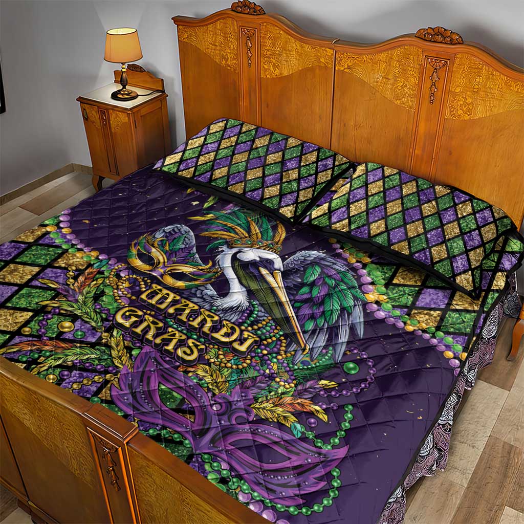 Mardi Gras Pelican Quilt Bed Set Crowned Feathers Carnival Reign - Wonder Print Shop