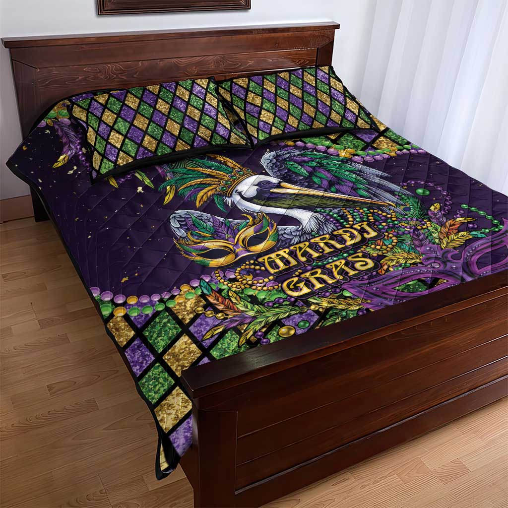 Mardi Gras Pelican Quilt Bed Set Crowned Feathers Carnival Reign - Wonder Print Shop