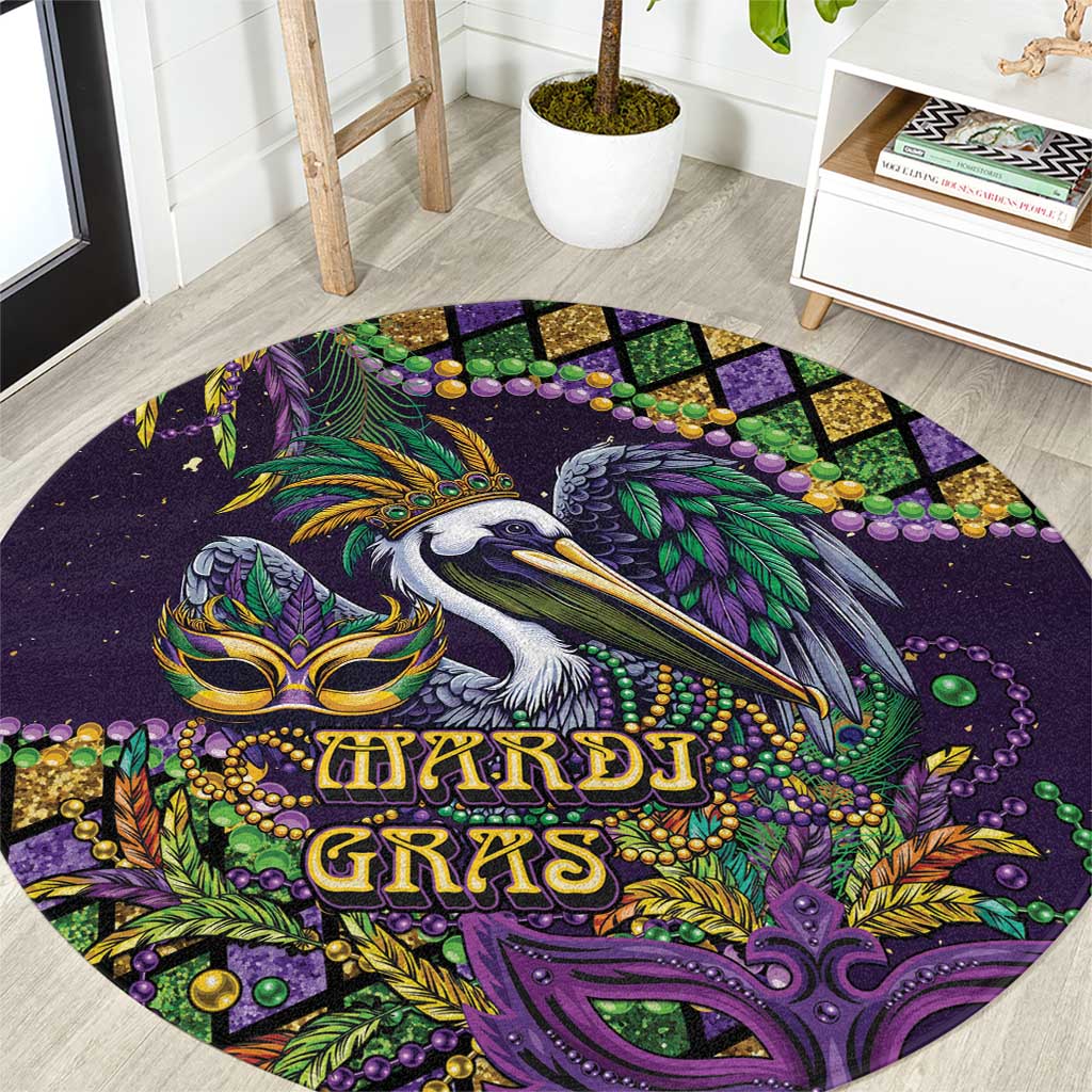 Mardi Gras Pelican Round Carpet Crowned Feathers Carnival Reign - Wonder Print Shop