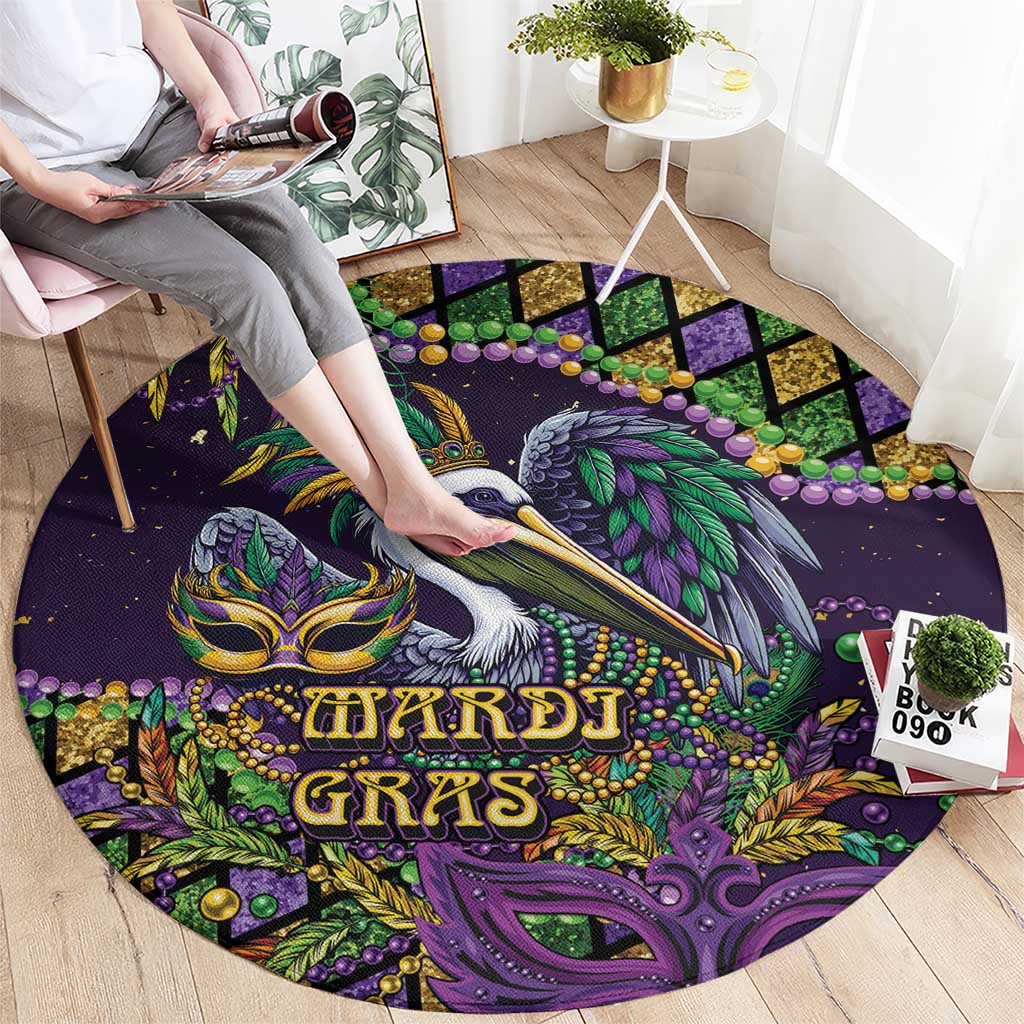 Mardi Gras Pelican Round Carpet Crowned Feathers Carnival Reign - Wonder Print Shop