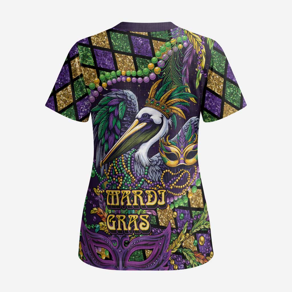 Mardi Gras Pelican Scrub Top Crowned Feathers Carnival Reign - Wonder Print Shop