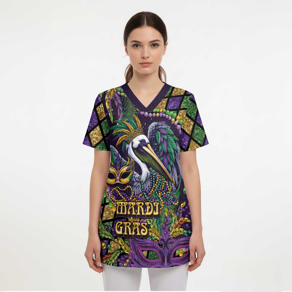 Mardi Gras Pelican Scrub Top Crowned Feathers Carnival Reign - Wonder Print Shop