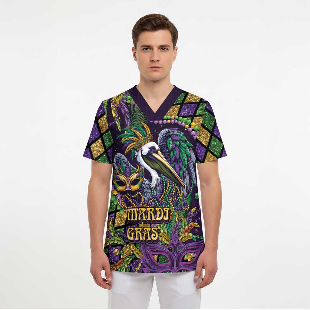 Mardi Gras Pelican Scrub Top Crowned Feathers Carnival Reign - Wonder Print Shop