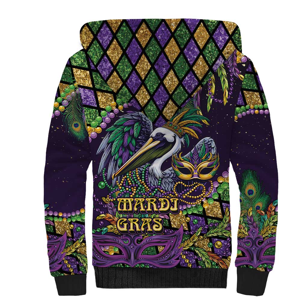 Mardi Gras Pelican Sherpa Hoodie Crowned Feathers Carnival Reign - Wonder Print Shop
