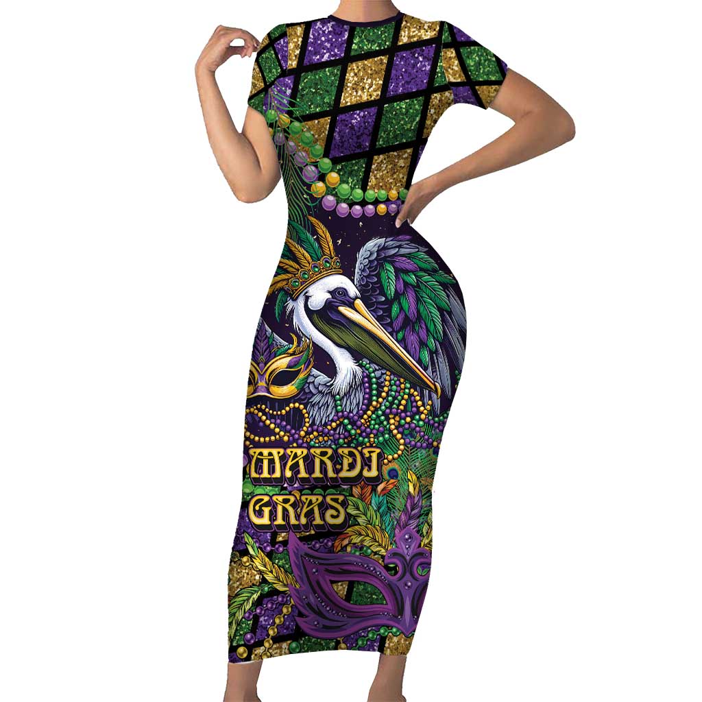 Mardi Gras Pelican Short Sleeve Bodycon Dress Crowned Feathers Carnival Reign - Wonder Print Shop