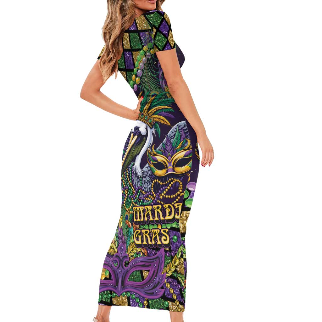 Mardi Gras Pelican Short Sleeve Bodycon Dress Crowned Feathers Carnival Reign - Wonder Print Shop