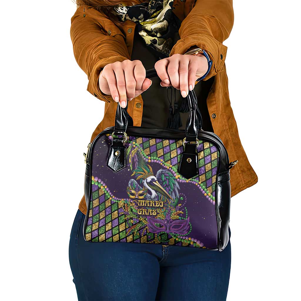 Mardi Gras Pelican Shoulder Handbag Crowned Feathers Carnival Reign - Wonder Print Shop