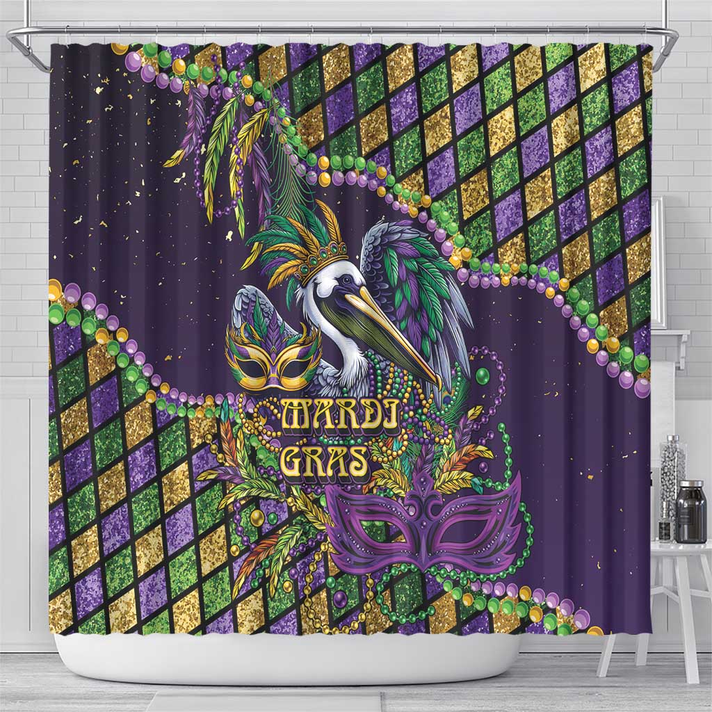 Mardi Gras Pelican Shower Curtain Crowned Feathers Carnival Reign - Wonder Print Shop