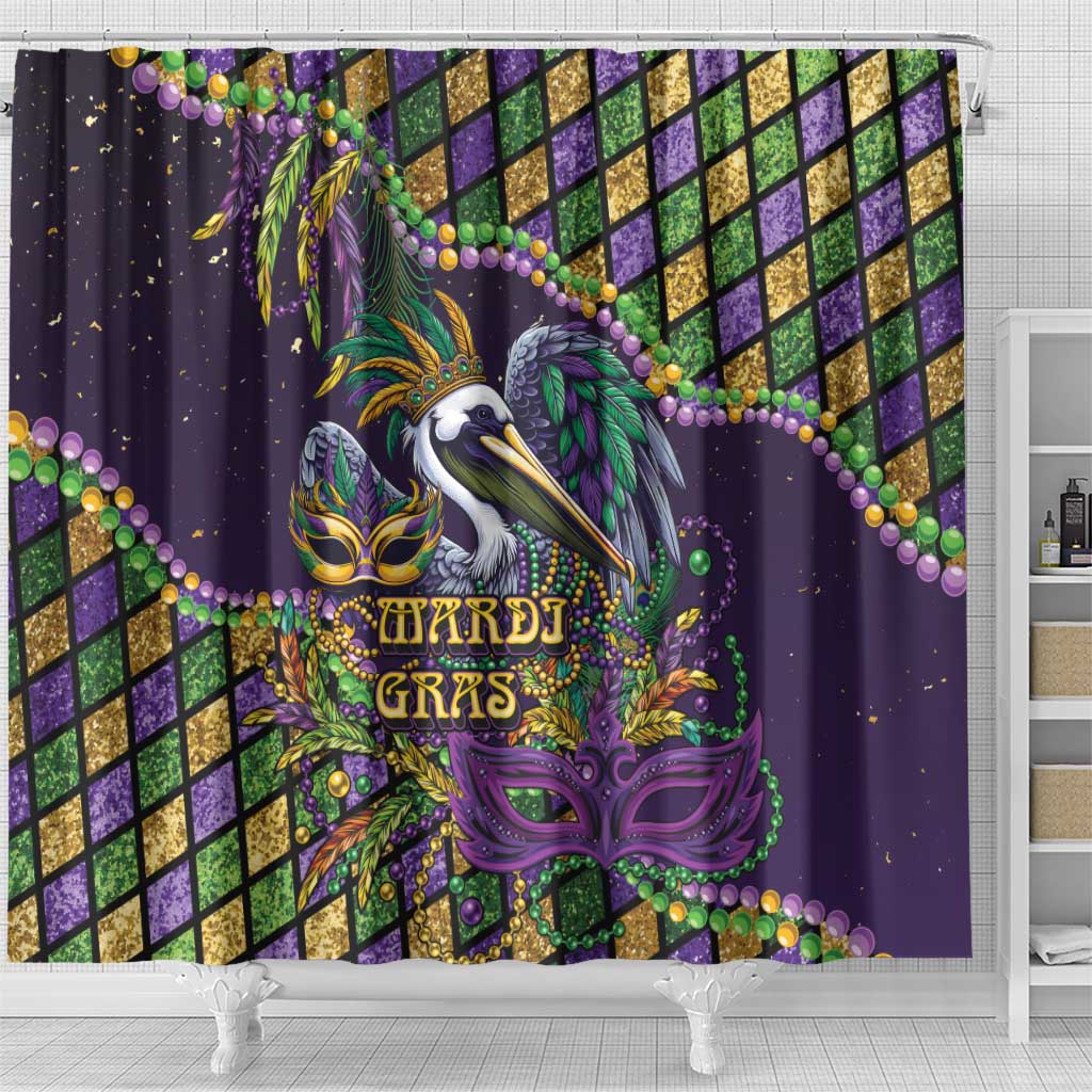 Mardi Gras Pelican Shower Curtain Crowned Feathers Carnival Reign - Wonder Print Shop