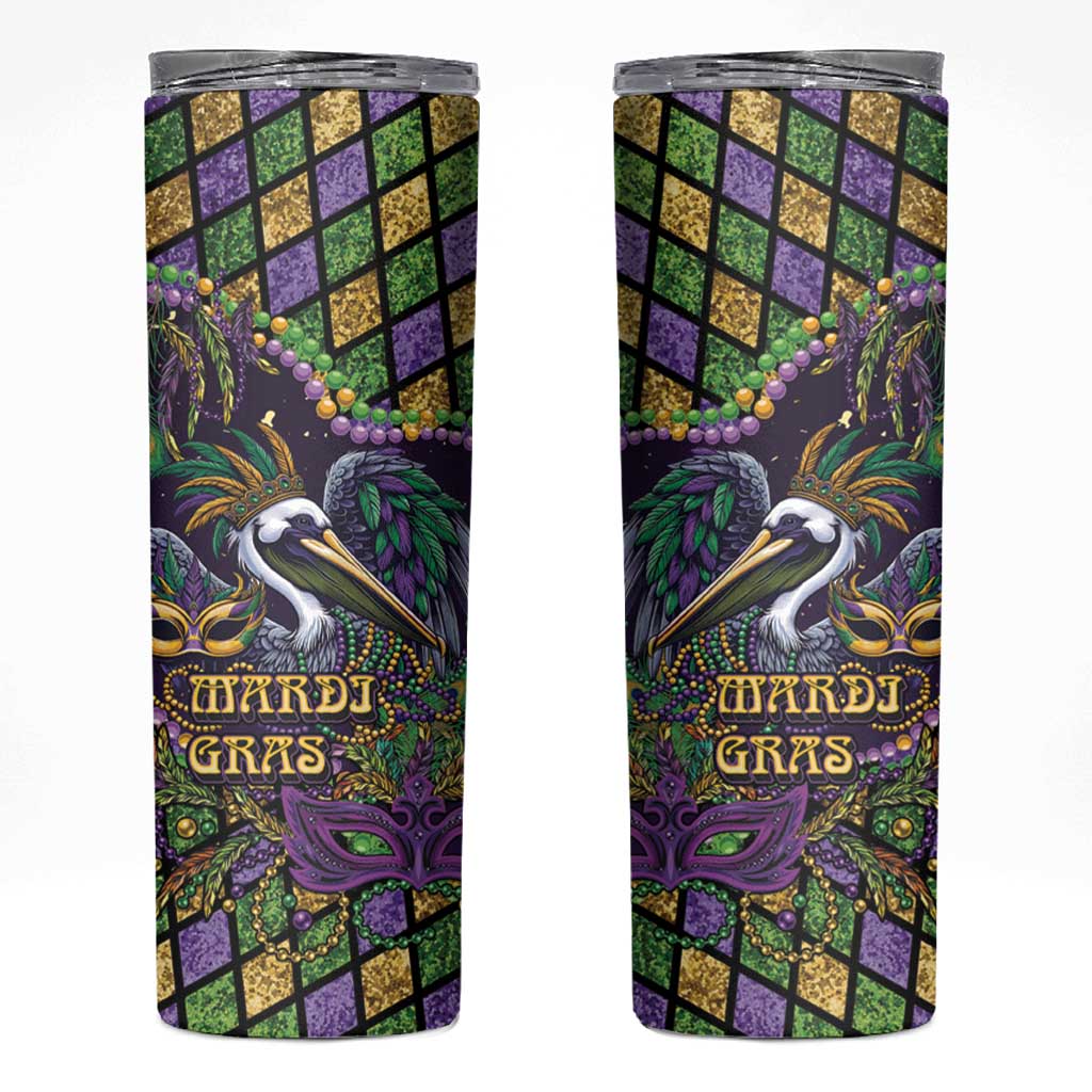 Mardi Gras Pelican Skinny Tumbler Crowned Feathers Carnival Reign - Wonder Print Shop