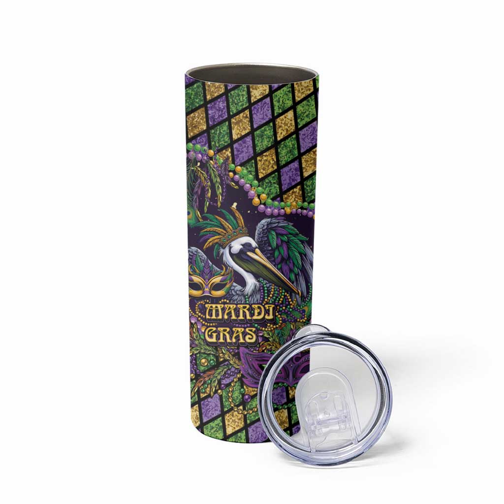 Mardi Gras Pelican Skinny Tumbler Crowned Feathers Carnival Reign - Wonder Print Shop