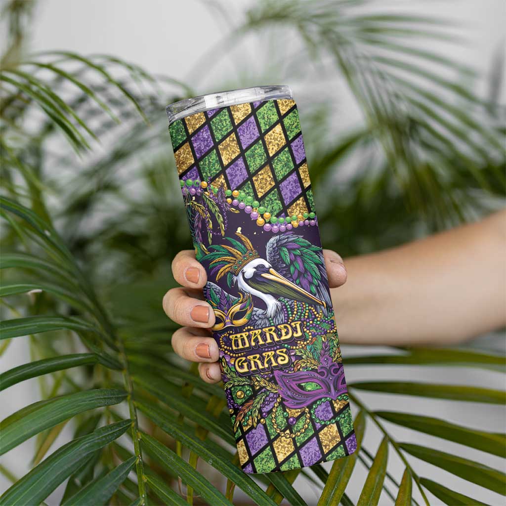 Mardi Gras Pelican Skinny Tumbler Crowned Feathers Carnival Reign - Wonder Print Shop