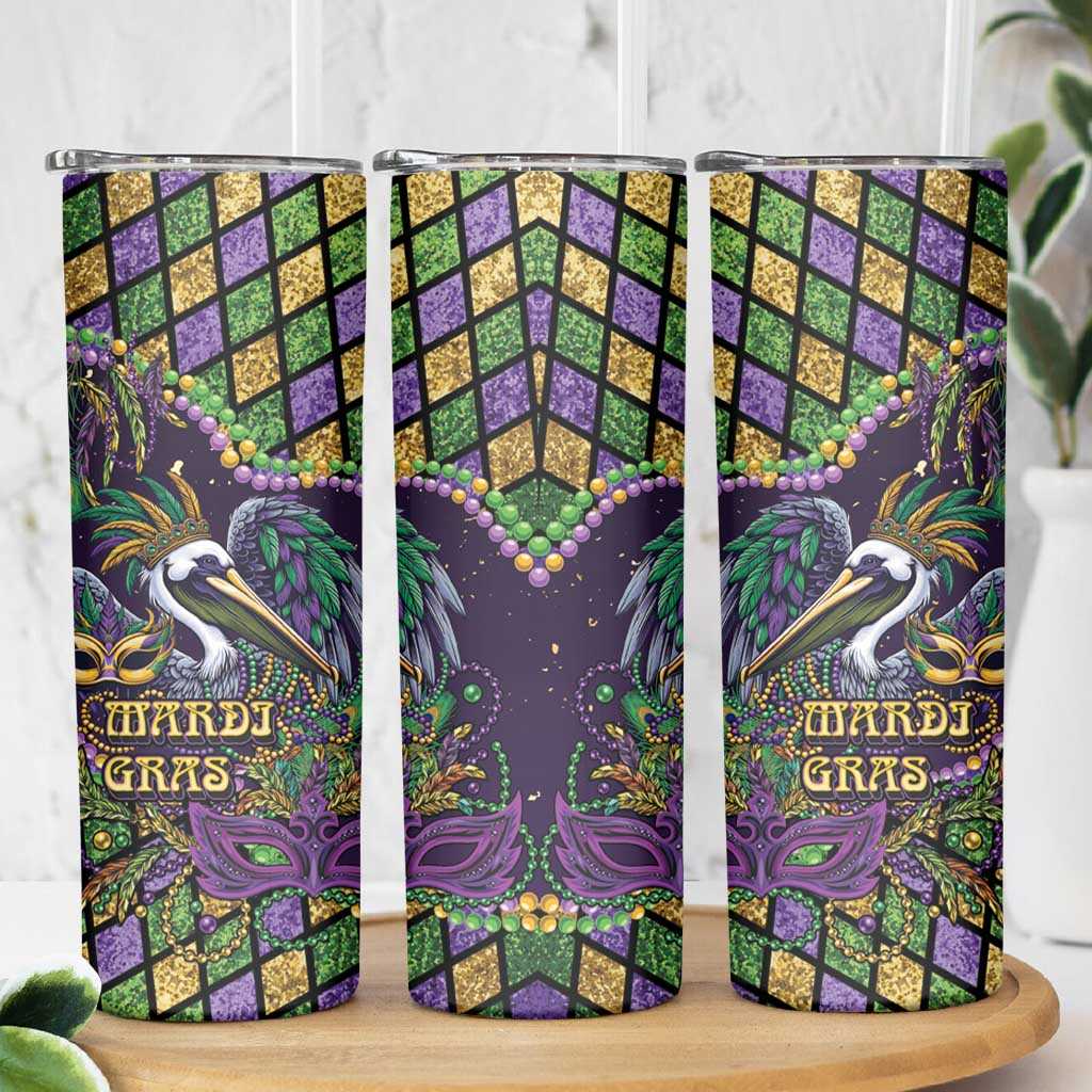 Mardi Gras Pelican Skinny Tumbler Crowned Feathers Carnival Reign - Wonder Print Shop