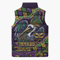 Mardi Gras Pelican Sleeveless Puffer Jacket Crowned Feathers Carnival Reign - Wonder Print Shop