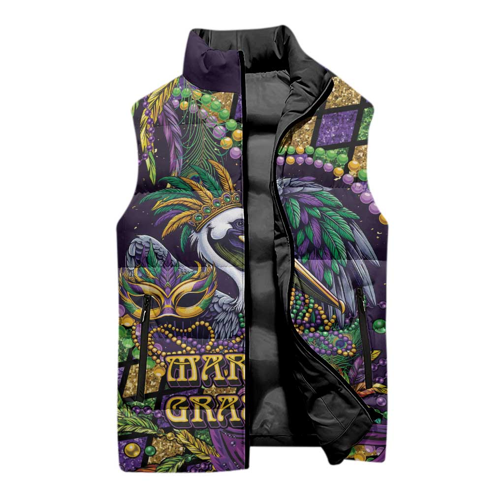 Mardi Gras Pelican Sleeveless Puffer Jacket Crowned Feathers Carnival Reign - Wonder Print Shop