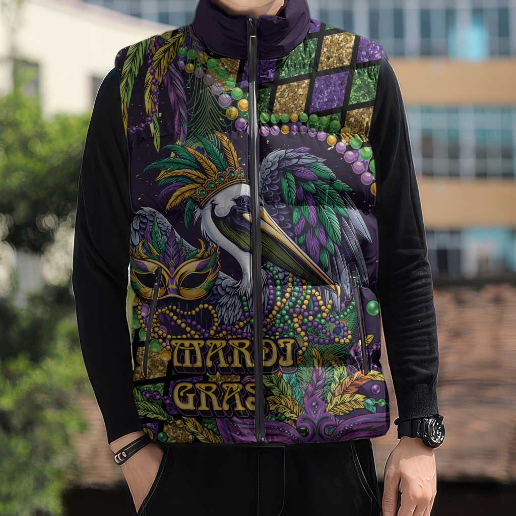 Mardi Gras Pelican Sleeveless Puffer Jacket Crowned Feathers Carnival Reign - Wonder Print Shop