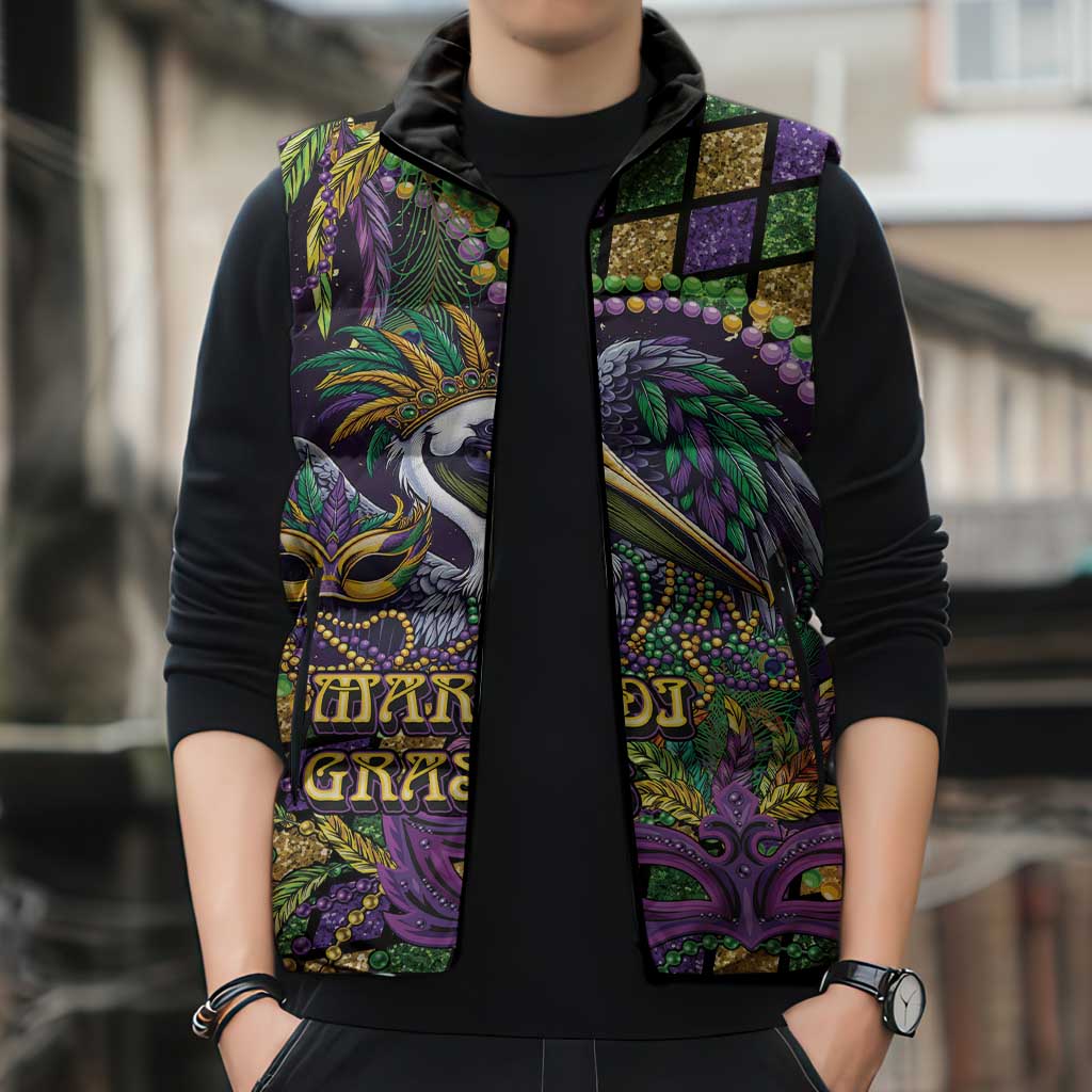 Mardi Gras Pelican Sleeveless Puffer Jacket Crowned Feathers Carnival Reign - Wonder Print Shop