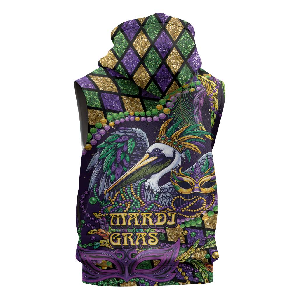 Mardi Gras Pelican Sleeveless Zip Hoodie Crowned Feathers Carnival Reign - Wonder Print Shop