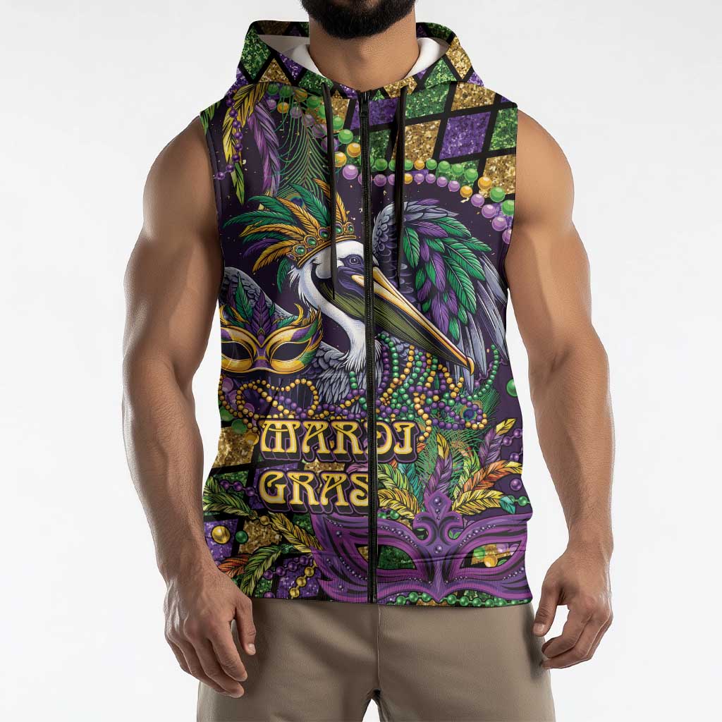 Mardi Gras Pelican Sleeveless Zip Hoodie Crowned Feathers Carnival Reign - Wonder Print Shop