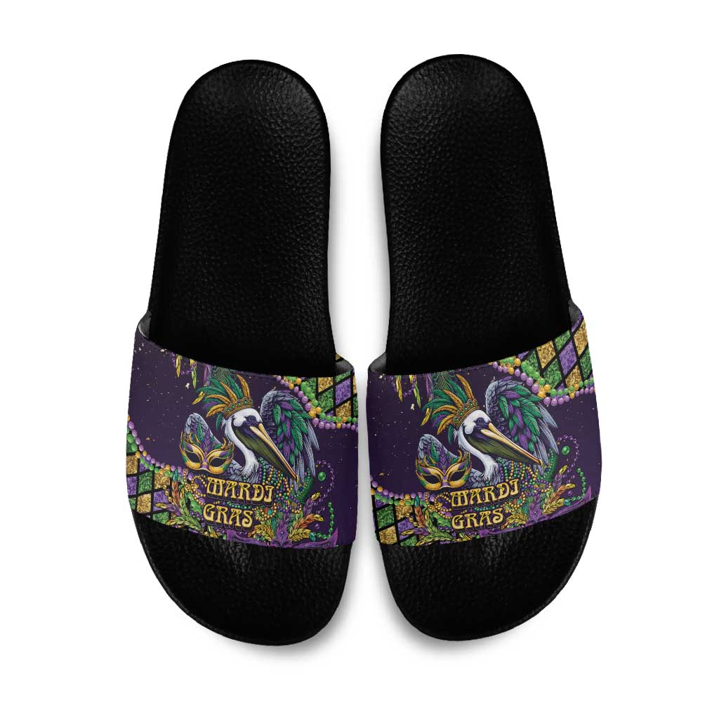 Mardi Gras Pelican Slide Sandals Crowned Feathers Carnival Reign - Wonder Print Shop