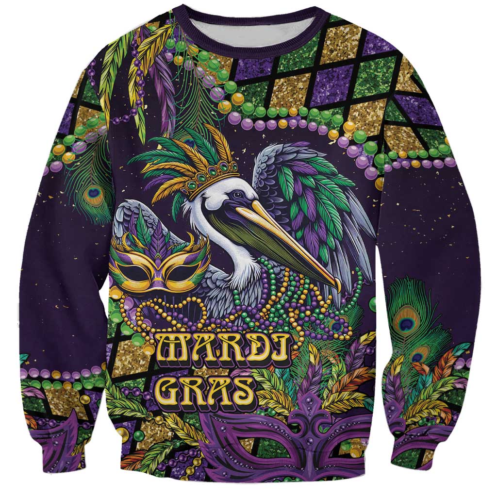 Mardi Gras Pelican Sweatshirt Crowned Feathers Carnival Reign - Wonder Print Shop