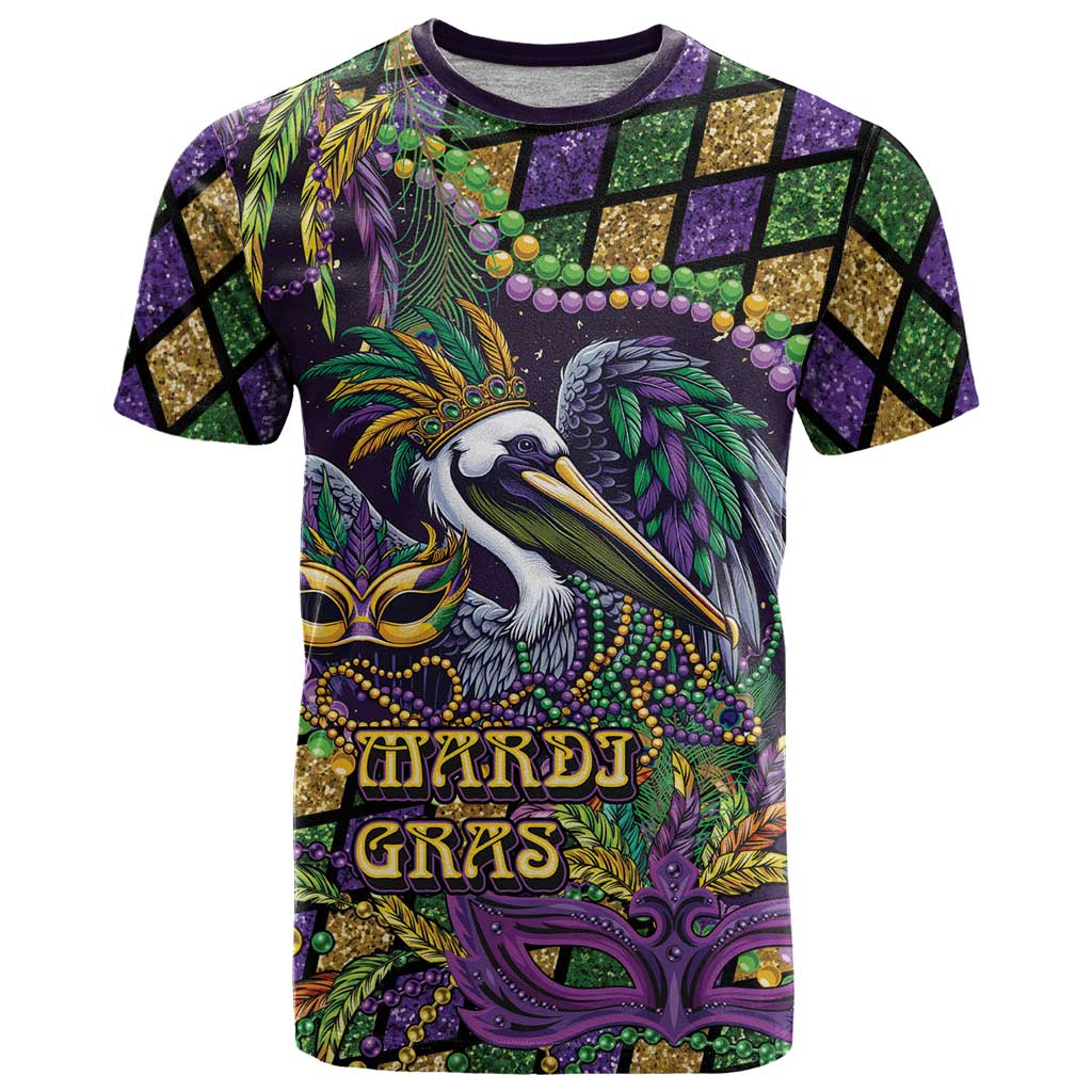 Mardi Gras Pelican T Shirt Crowned Feathers Carnival Reign - Wonder Print Shop
