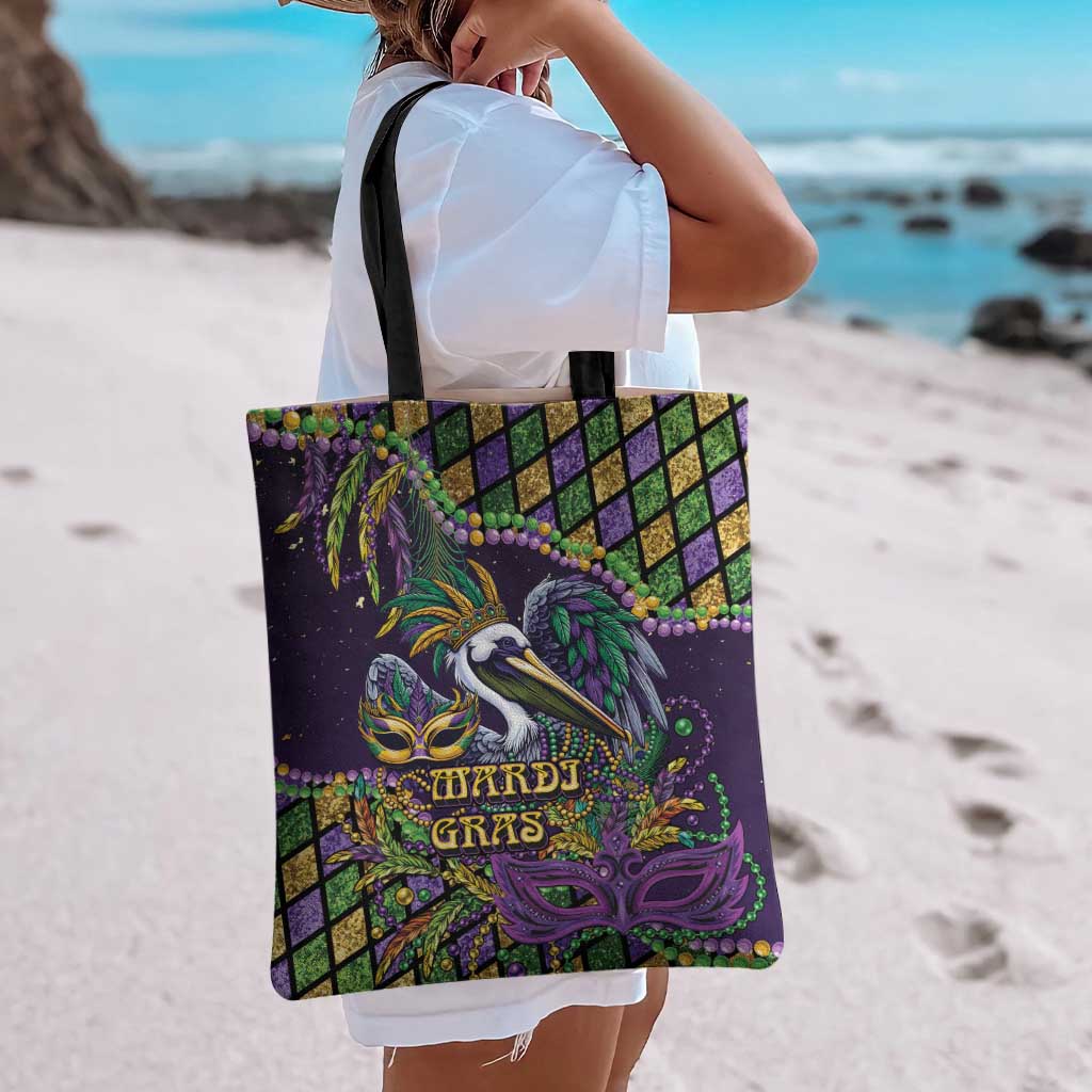 Mardi Gras Pelican Tote Bag Crowned Feathers Carnival Reign - Wonder Print Shop